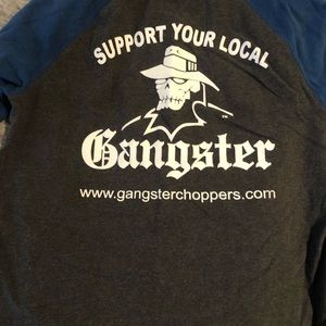 Men’s long sleeved t-shirt.  Size L, blue and grey.  Gangster choppers